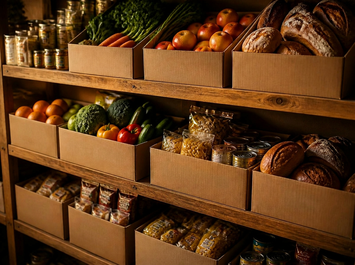 Boxes of fresh produce, bread, and pantry staples on wooden shelves